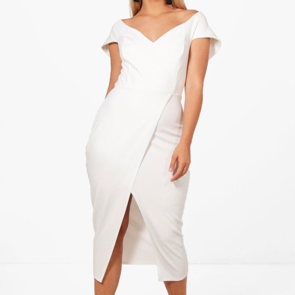 Boohoo Plus Off The Shoulder Wrap Midi Dress
